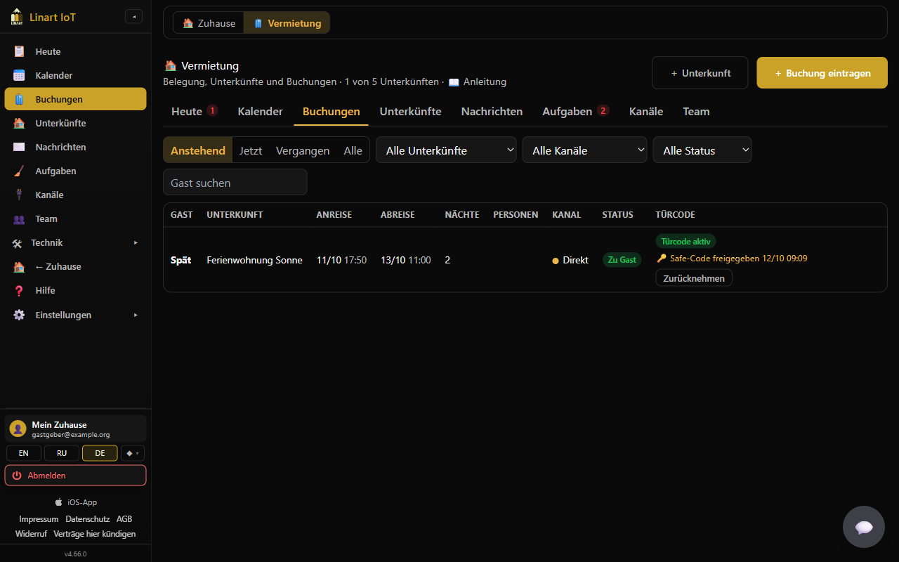Bookings: filters and the table with the Door code column