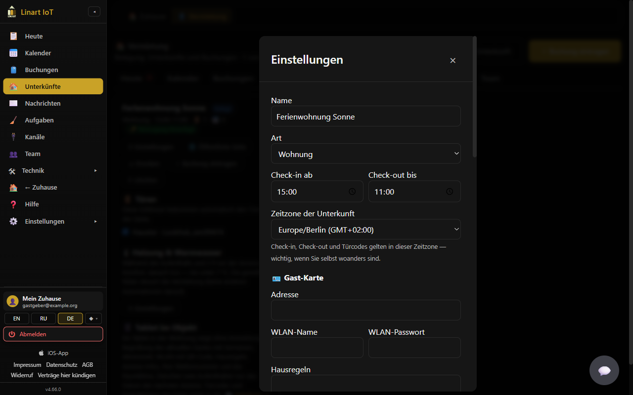 Property settings: name, type, check-in from, check-out until, time zone and guest card