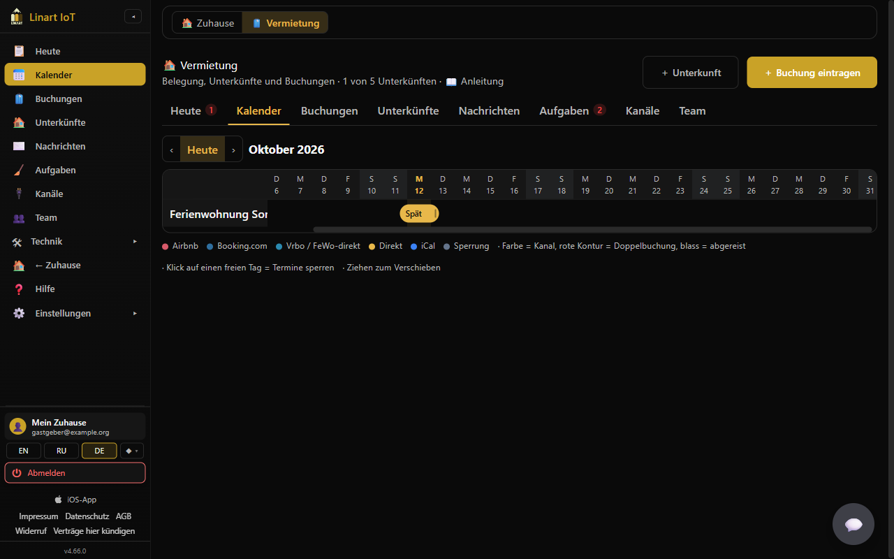 Calendar: occupancy plan with one row per property and coloured bars