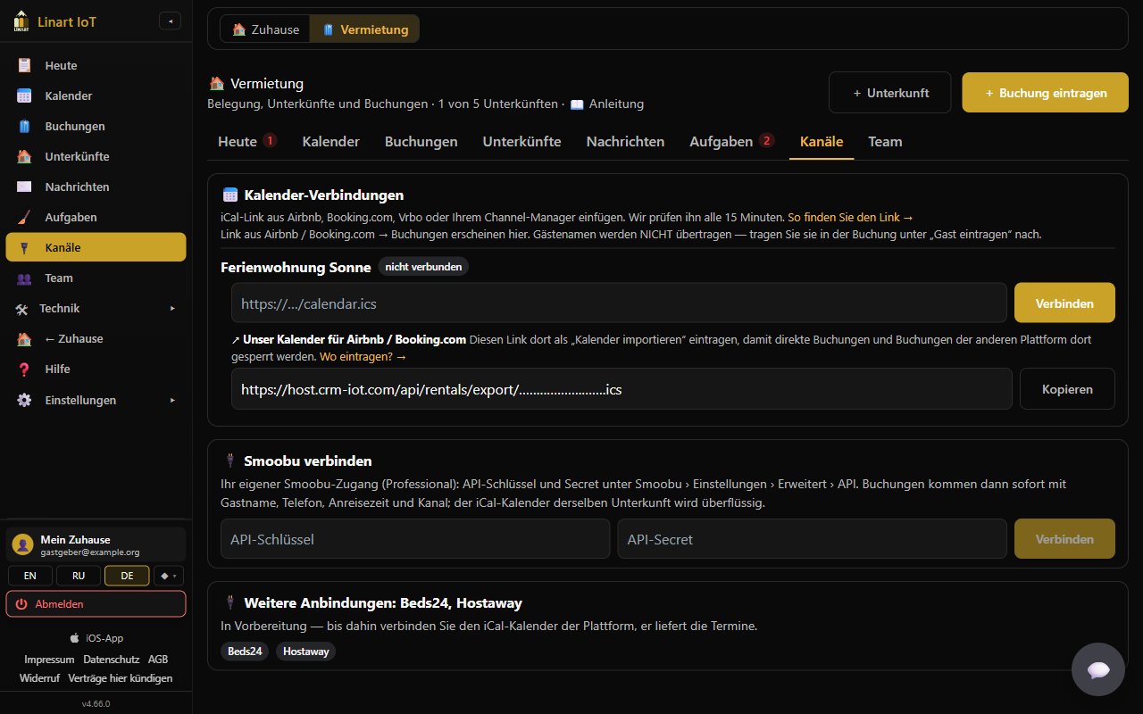 Channels: calendar connections, export calendar, connect Smoobu